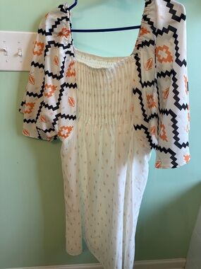 Boho Cream Dress with Patterned Puff Sleeves 🖤🧡